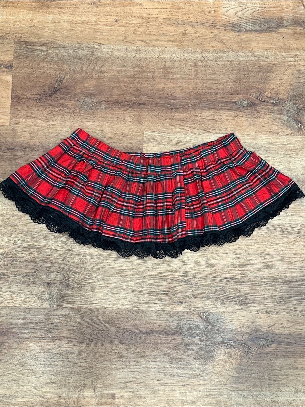 Red Plaid micro Mini Skirt with Black Lace Trim